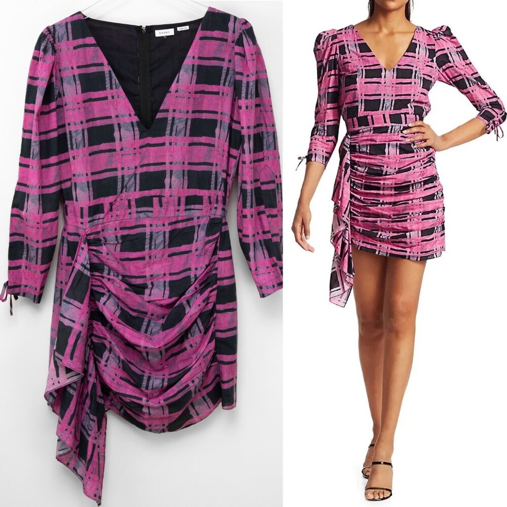 Rhode Piper Mini Dress Plaid Puff Shoulder Quarter Sleeve Pink Black Size Medium